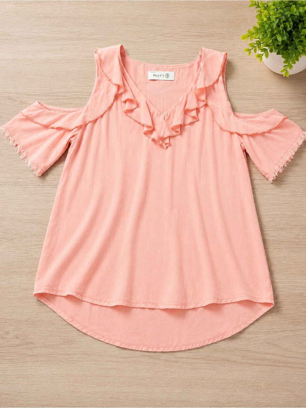 Billy T Pink Cold-Shoulder Ruffle V-Neck Blouse